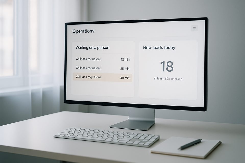 A large monitor on an office desk showing a clean dashboard with a side menu and a few cards, a keyboard and a notepad in front of it