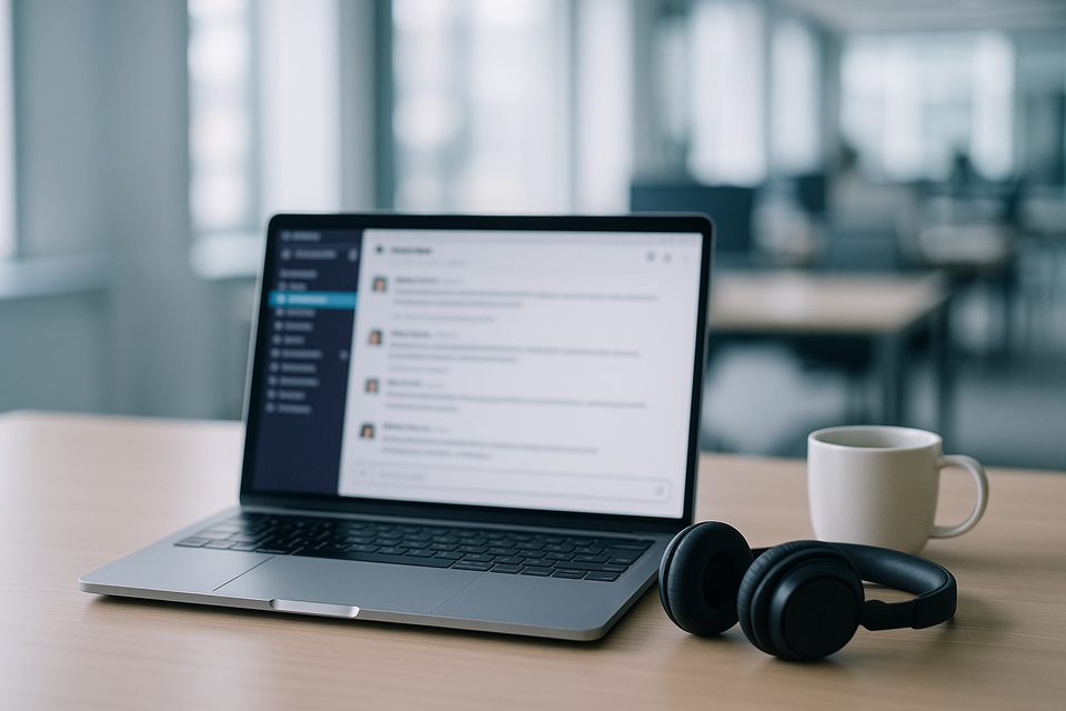 A laptop on an office desk showing a team chat workspace, with headphones and a cup of coffee beside it