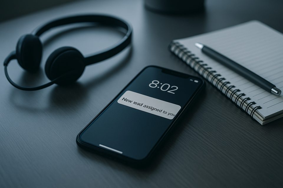 A smartphone lighting up with a new notification on an office desk beside a headset and a notepad