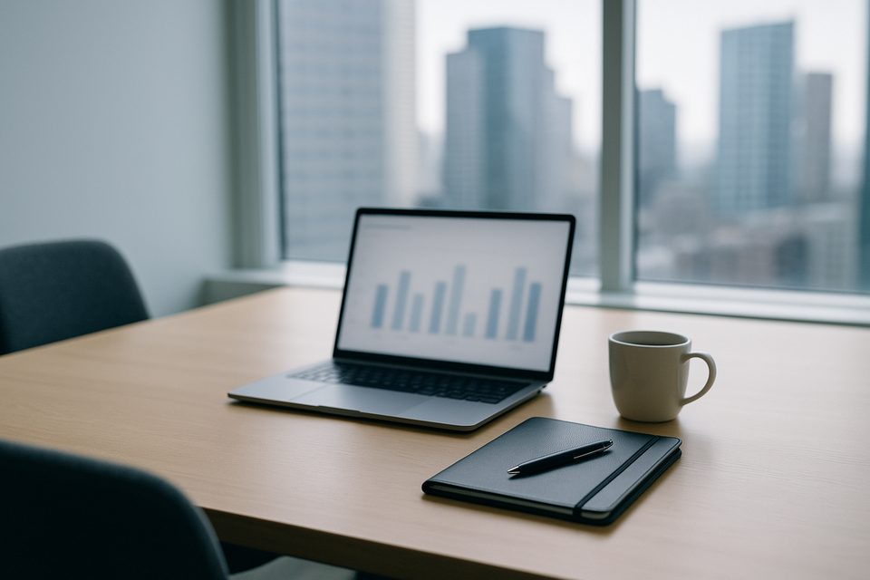 A conference table with a laptop showing a dashboard of bar charts, a leather folio with a pen and a cup of coffee